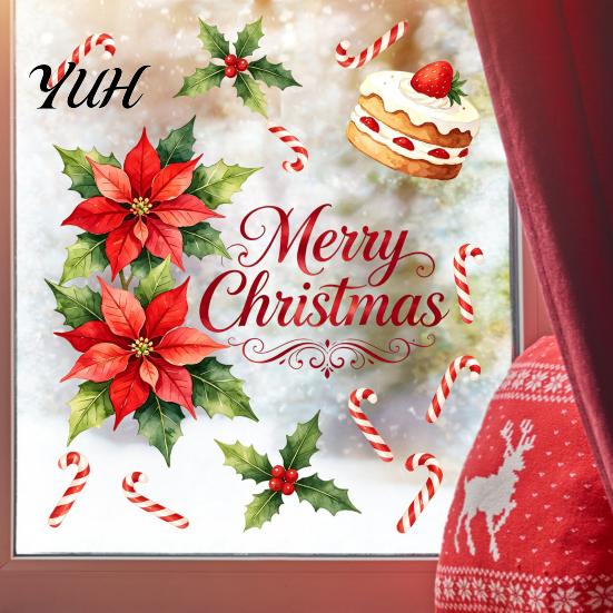 Holiday Gift for Friends Watercolor Christmas Static Sticker, Santa Claus/Deer/Christmas Tree/Cake Pattern Print, Waterproof Window Film Thickened PVC