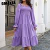 Women's Fashion Summer Spring Solid Color Print Long Sleeve Square Collar High Waist Casual Dresses