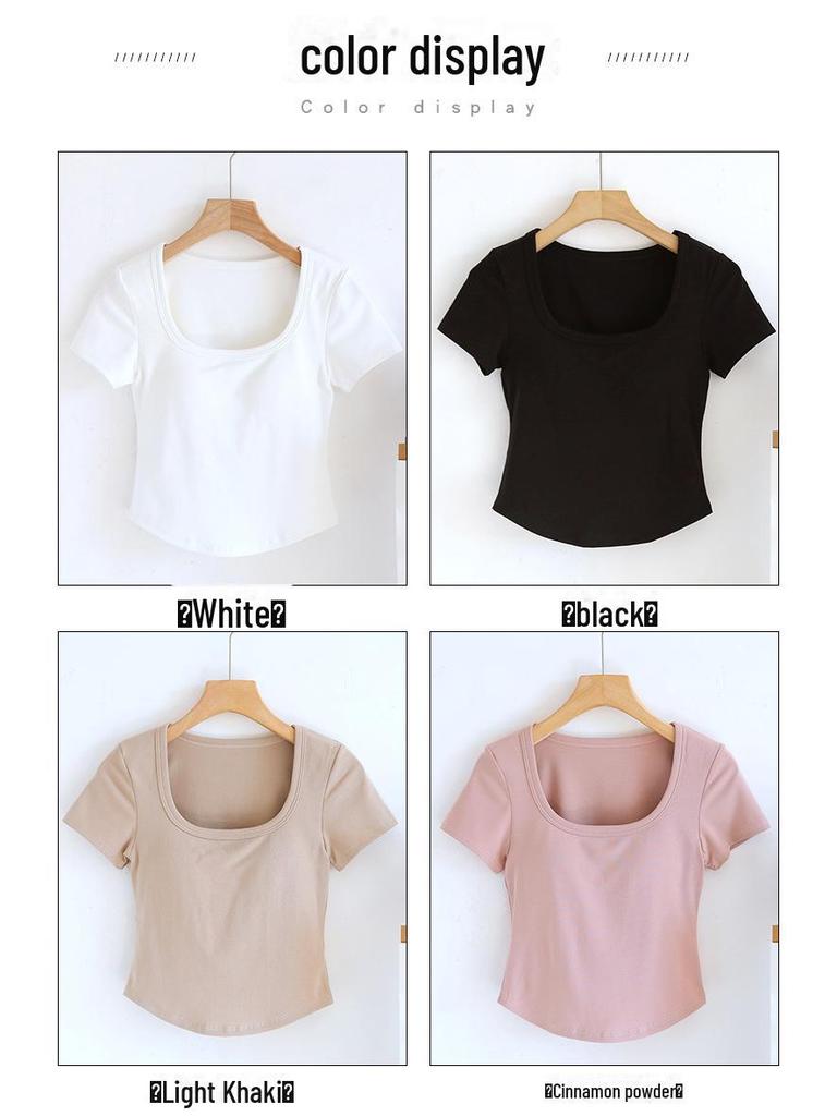 Женская футболка с коротким рукавом, подкладкой под грудь, неровным подолом, квадратным воротником и лифом-бюстгальтером — идеальный вариант для лета.