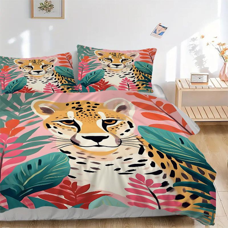 3PCs Cheetah Print Design Cover Set, Breathable Fabric, Machine Washable (1 Duvet Cover + 2 Pillowcases) (Without Quilt) yy250911163