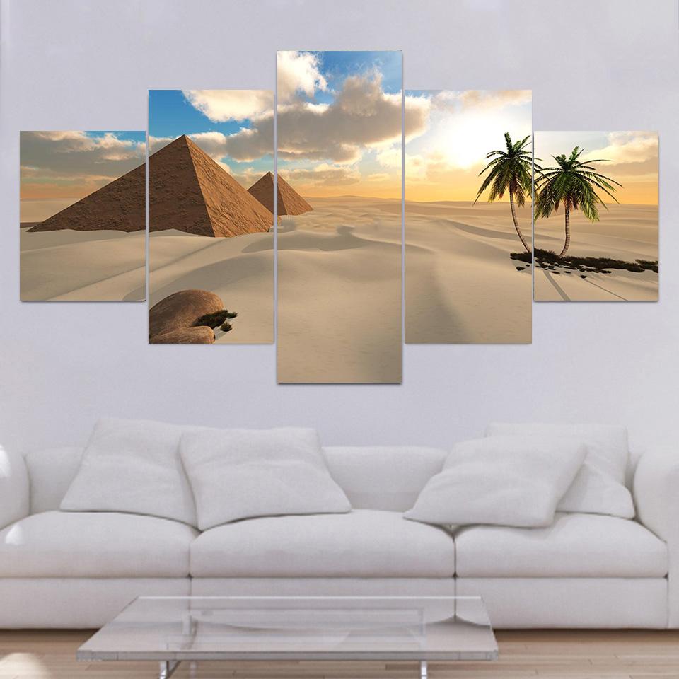 5 панелей Оазис в песчаной египетской пустыне, пирамида, холст, картина, пейзажные постеры и принты, настенное искусство, домашний декор, без рамки
