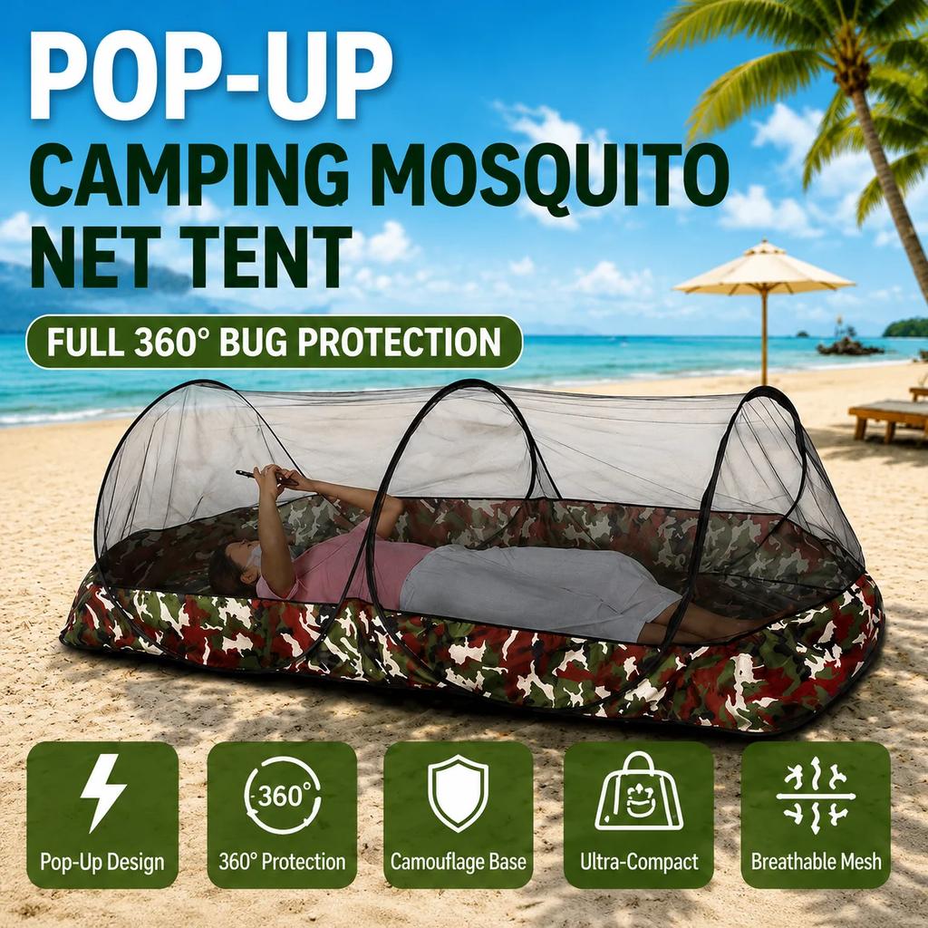 Pop-Up Camping Mosquito Net Tent Portable No Installatio with Camouflage Base for Travel Outdoor Use Full 360° Bug Protection
