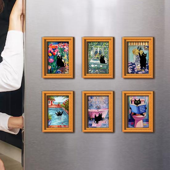 Photo Frame Refrigerator Magnets Oil Painting Cat Magnet, Wooden Black Magnetic Magnet Theme Retro Rectangle Decoration Decorative Fridge