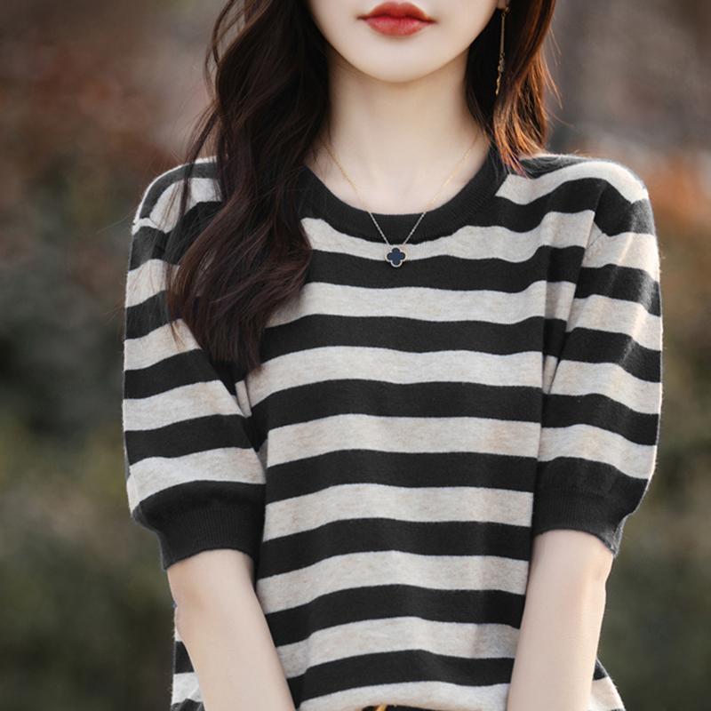 Women Knit T-shirt MODERN NEW SAGA Summer Knitted Shirt Striped Short Sleeve Tees O-neck Pullover Knit Tops