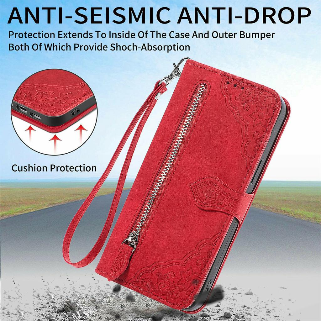 For Honor X70 Pro 5G Zipper Wallet Case with Strap Flower Imprint PU Leather Phone Cover