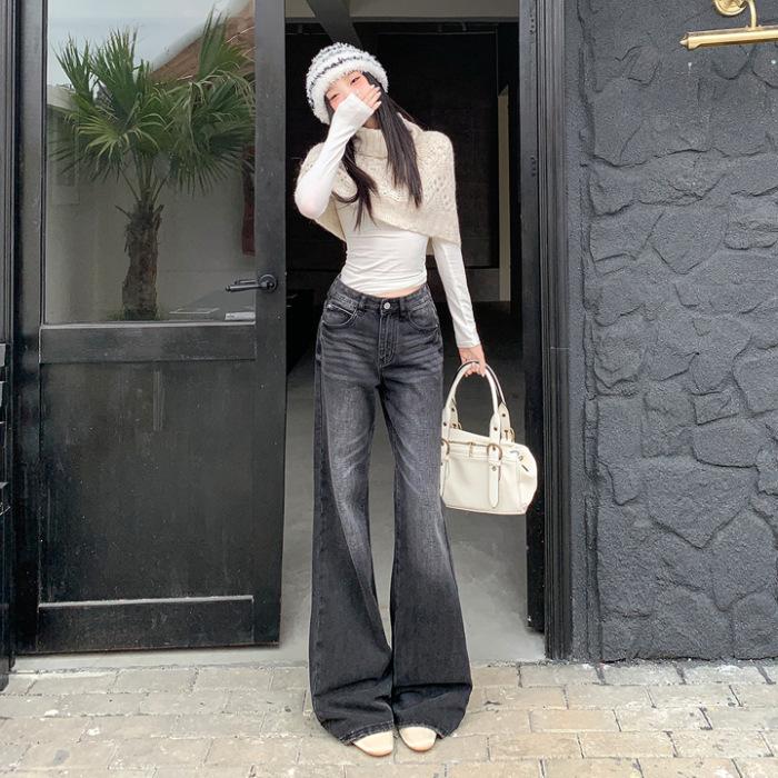 American retro new black and gray washed autumn and winter high waist loose straight wide leg pants drape horn jeans children