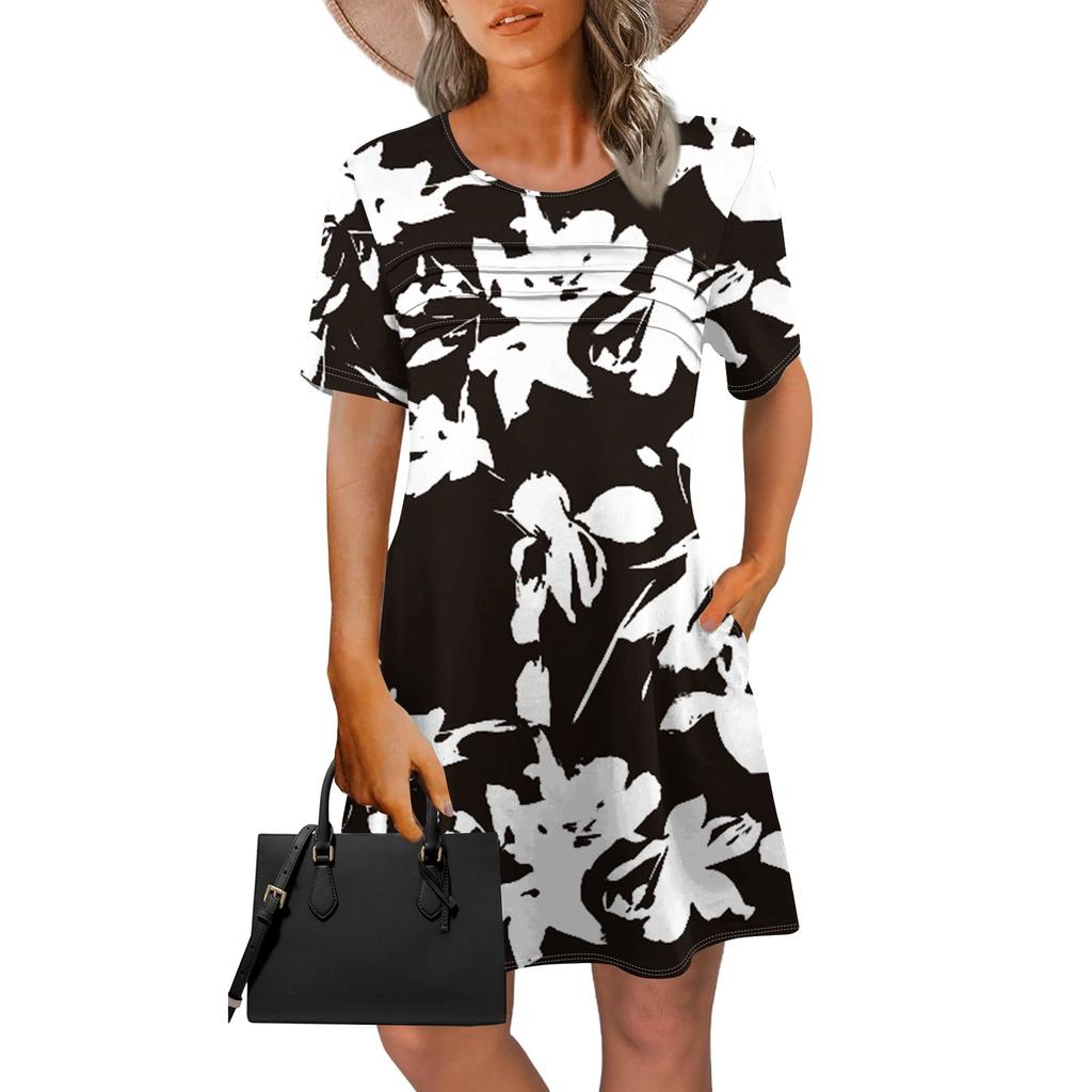 Женские летние платья Женские летние платья с цветочным принтом Повседневные платья с коротким рукавом и круглыми карманами