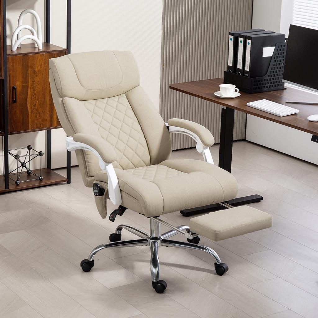 Massage Office Chair with Reclining High Back with Lumbar Heat Footrest and Wheels 66x70x112-120 cm Beige