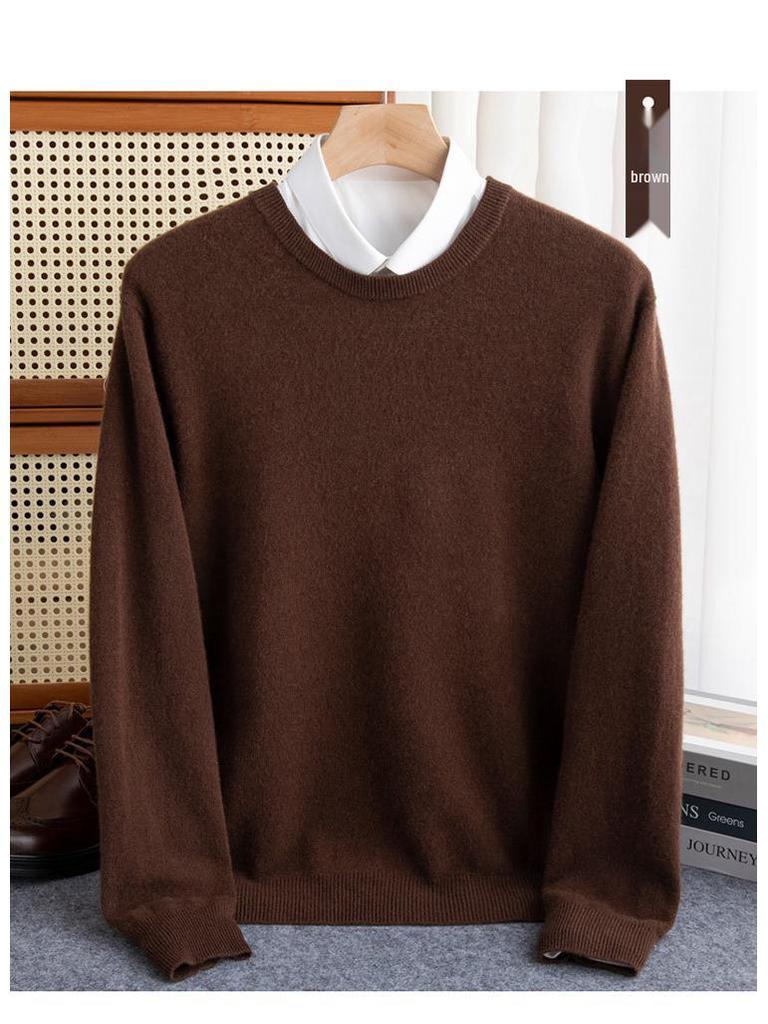 Men's Plus Size Loose Fit Pure Wool Round Neck Sweater, Autumn/Winter Cashmere Knitted Top