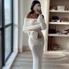 Knit Hollow Out Cover Ups Maxi Dress Female Off-Shoulder Loose Long Sleeve Dresses Holiday Casual Beach Party Dress For Women Slim Knitwear Dress