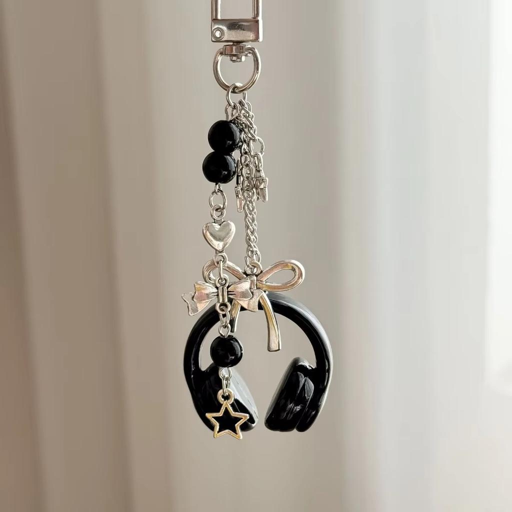 Gothic Headphone Silver Metal Star Bow Beaded Tassel Charm Trendy Aesthetic Bag Pendant For Teen Girls Best Friend Bag Charm