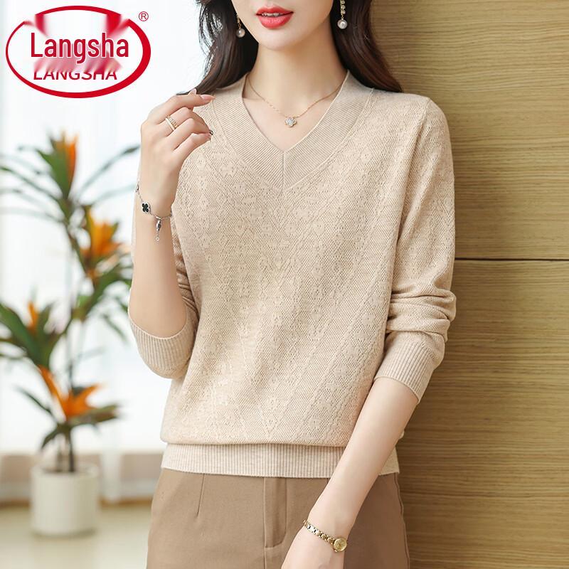 Langsha Women's V-Neck Solid Color Knitted Pullover Sweater