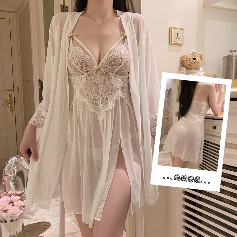 Women's Lace Sheer Mesh Cutout Double Slit Sleep Dress Lingerie Set