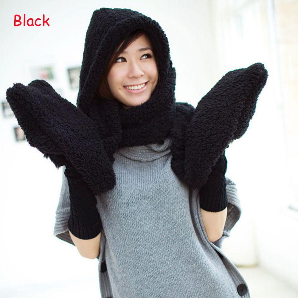 Women Long Warm Plush Velvet Hooded Scarf 3 In 1 Pocket Gloves Hats