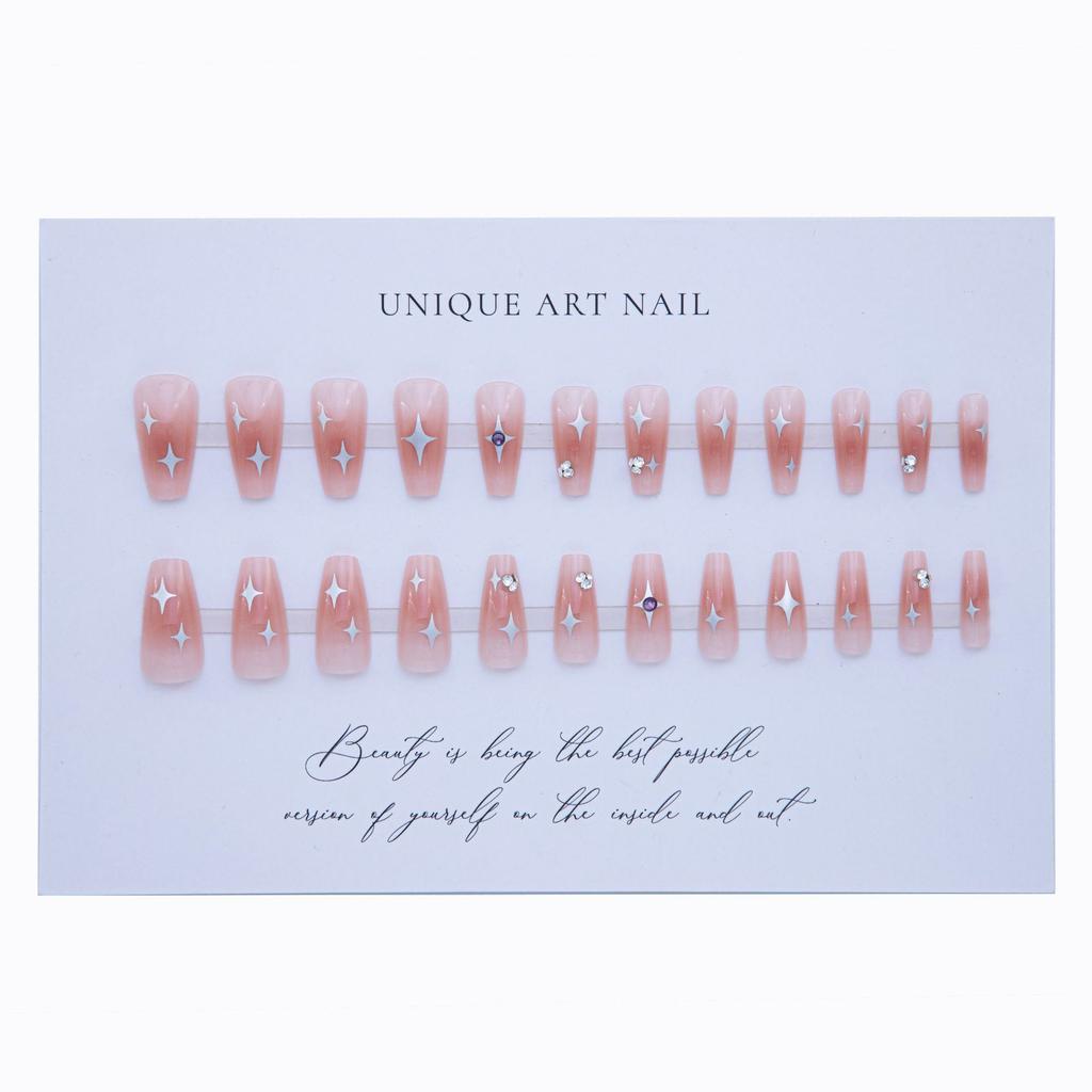 Blusher Pink Style Press-on Nail Glossy Light Pink Star Print Aritificial Nail for Women Shopping and Dating