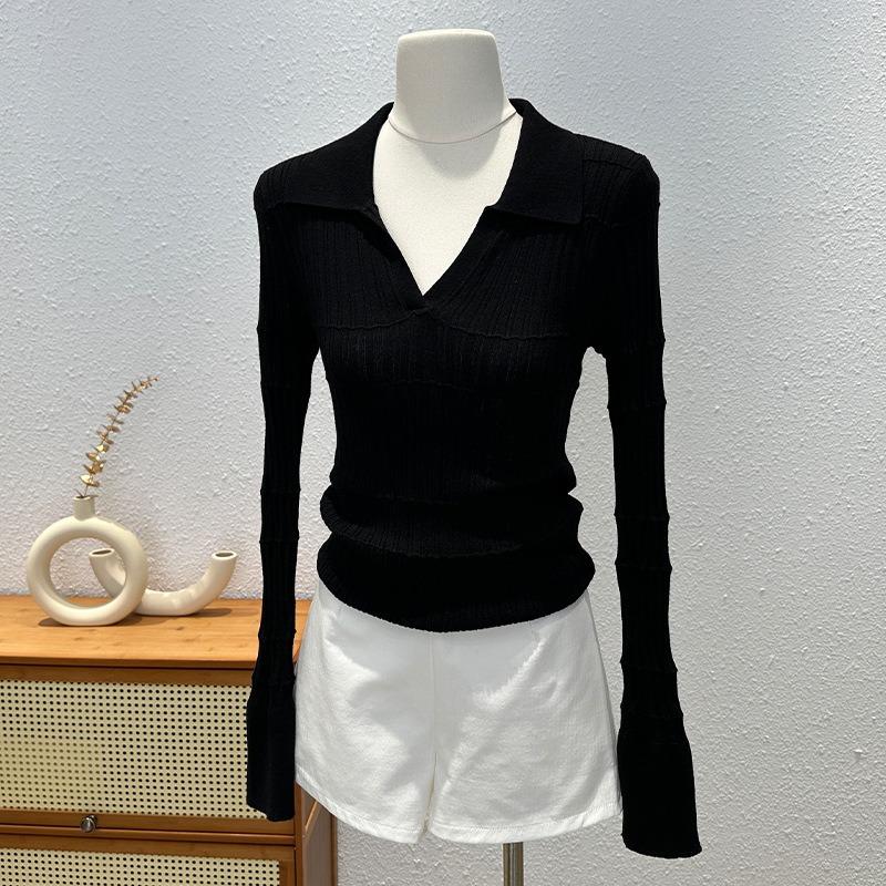 Нишевая вязаная рубашка с длинным рукавом с чувством дизайна женская осенняя облегающая и тонкая ло-рубашка уникальный популярный топ