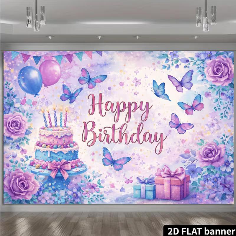 2D Cute Watercolor Butterfly Happy Birthday Backdrop Banner Party Decoration