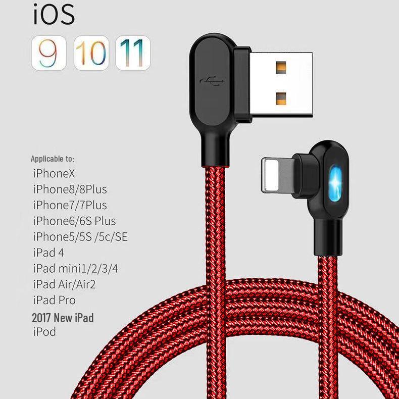 Нейлоновый плетеный кабель для быстрой зарядки с двумя угловыми разъемами для Apple, Android, Type-C со светодиодной подсветкой