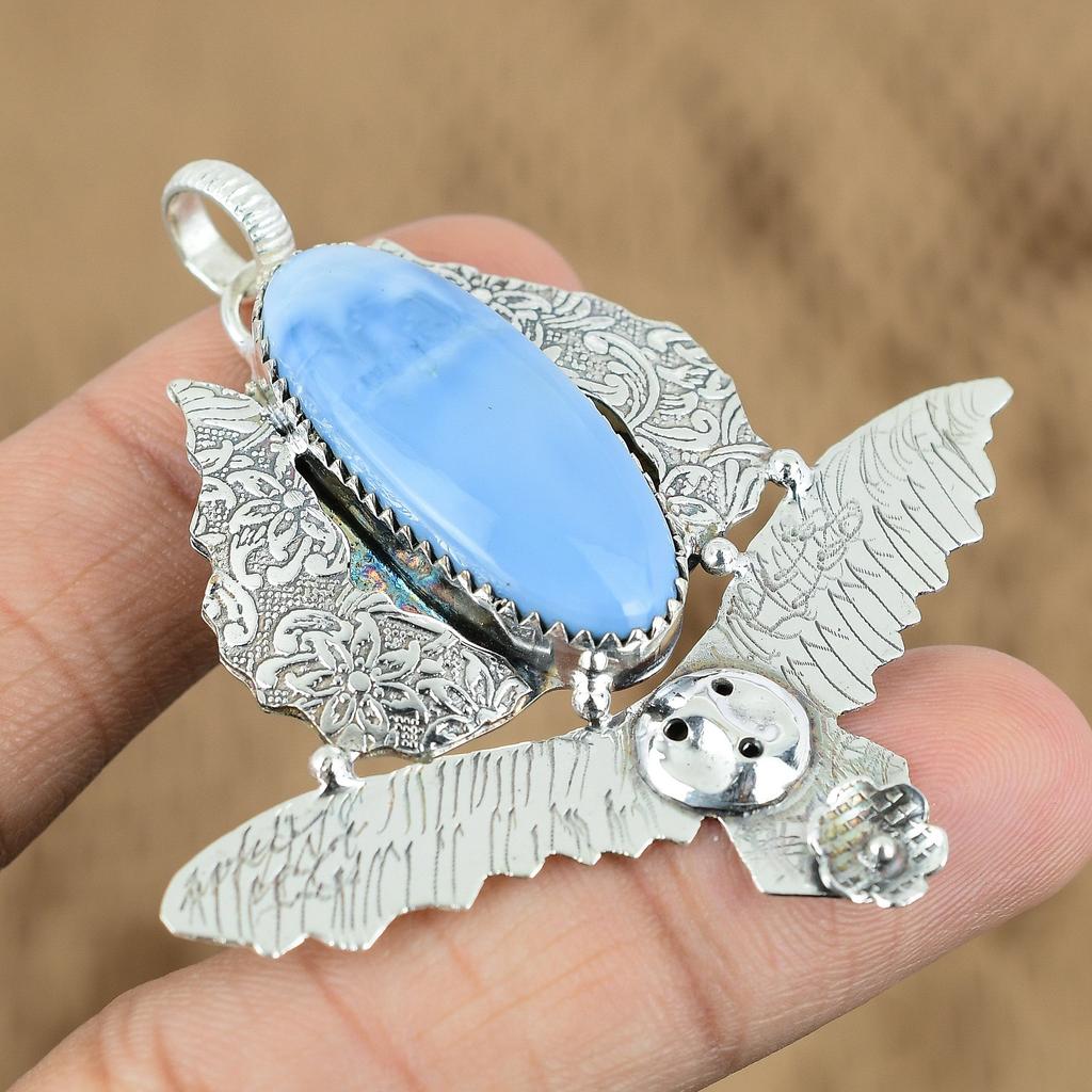 Натуральный Овайхи Голубой Опал Камень Подвеска Сова 925 Стерлинговое Серебро Индийские Украшения