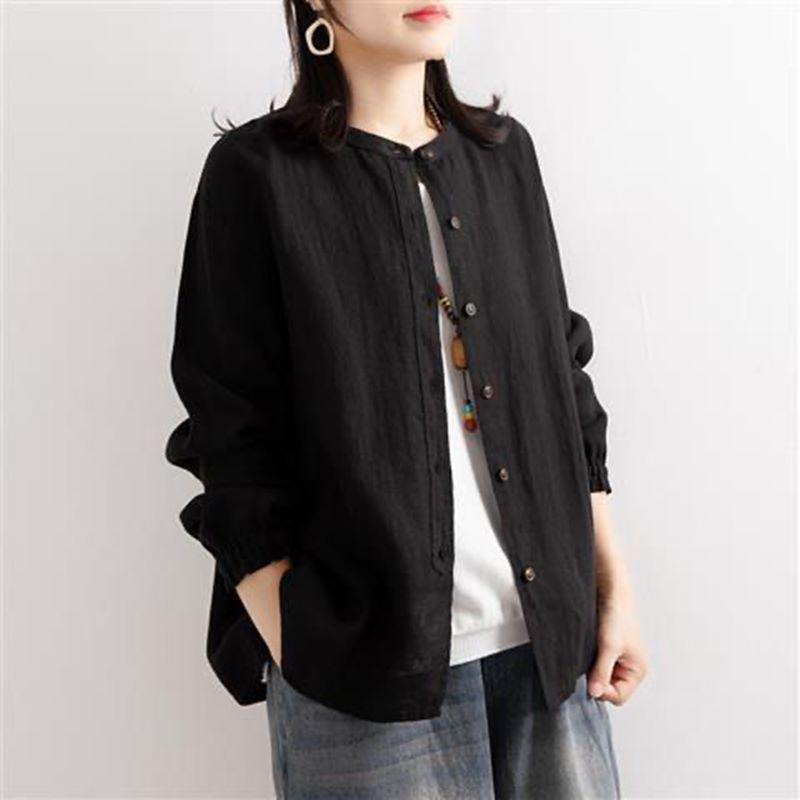 Women's Retro Cotton-Linen Shirt: Loose Round Neck, Casual Jacket, Long Sleeves - Perfect for Spring or Autumn.