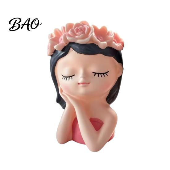 Pen Holder Organizer Cute Girl Planter Pot, Resin Statue for Indoor Outdoor Plants, Decorative Flower Container Pot Succulents, Makeup Brush