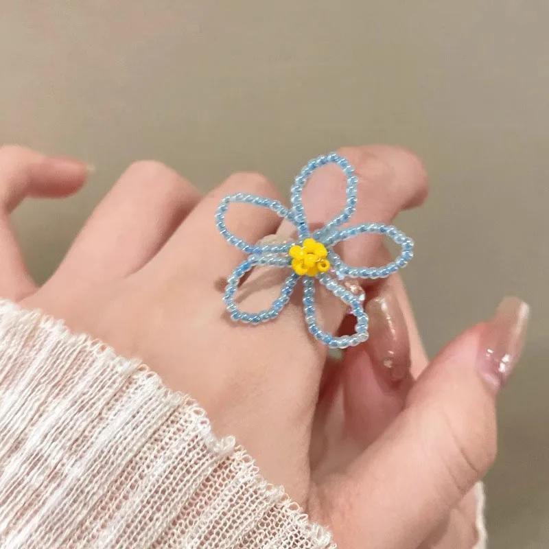 Colorful Beaded Flower Rings for Women Girls Korean Fashion Sweet Large Flower Finger Rings Jewelry Aesthetic Y2K Accessories