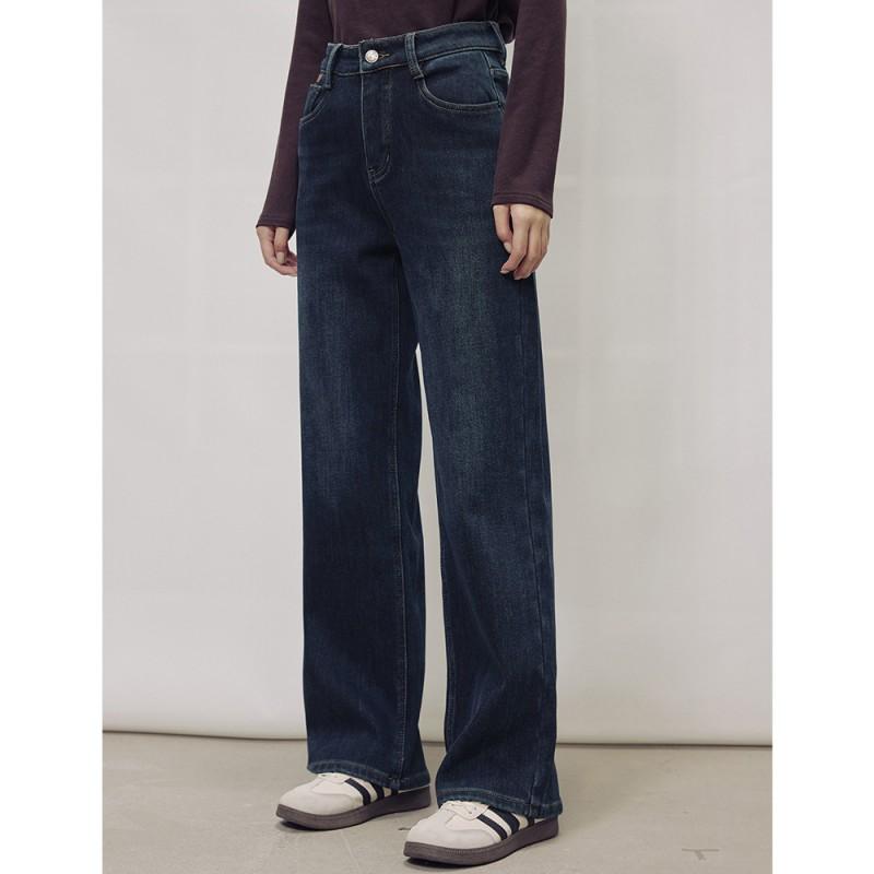 High-Waisted Relaxed Fit Fleece-Lined Denim Jeans Women Fall 2026 Vintage Casual Wide Leg Trousers