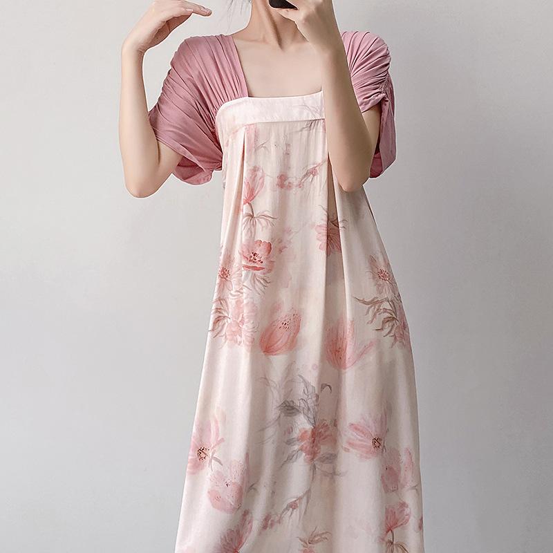 Women's nightgown thin short-sleeved printing light luxury simple breathable casual loungewear long skirt can be worn outside