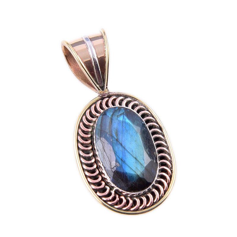 Natural Labradorite 925 Solid Sterling Silver Jewelry TwoTone Pendant 1.50" D3t59
