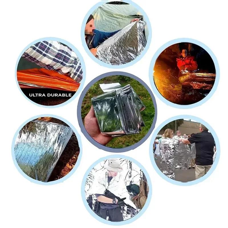 Emergency Thermal Blanket, Aluminum Foil Survival Mat for Outdoor Camping Hiking, Waterproof Windproof First Aid Rescue Gear
