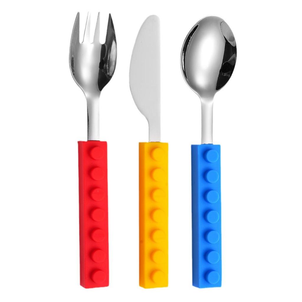 Силиконовые строительные блоки из нержавеющей стали, набор детских столовых приборов: Нож, вилка и ложка для младенцев.