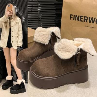 Сапоги на плоской подошве с ботильонами, зимняя женская обувь с круглым носком, распродажа 2024 года, модные женские ботинки на среднем каблуке с молнией