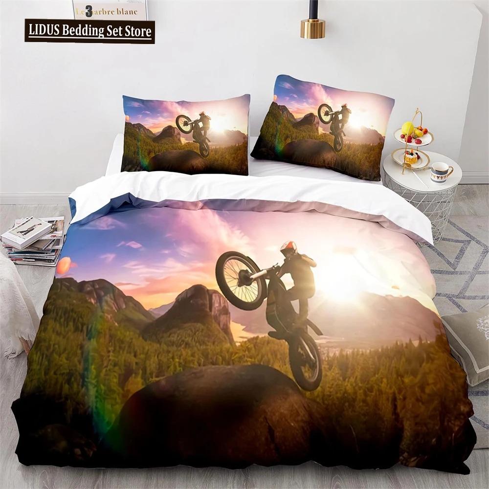 Dirt Bike Duvet Cover Set Motocross Rider Comforter Cover Motorcycle Extreme Sport Game Polyester Bedding Set For Kid Boys Teens