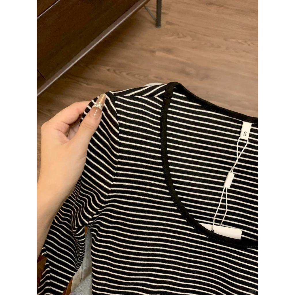 Contrasting Color U-neck Striped Long-sleeved Bottoming Shirt Women's Spring New Slim-fit Spice Girl Style T-shirt with Top Inside