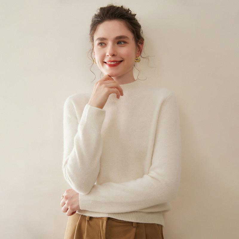 Women's Thickened Cashmere Long Sleeve Pullover - Half-High Neck, 100% Pure Knit for Autumn/Winter