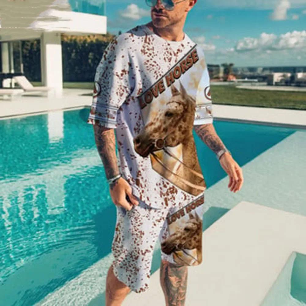 Мужская летняя уличная одежда с принтом радужной лошади и букв 3D, футболка с коротким рукавом и шорты, комплект из 2 предметов, повседневный спортивный костюм, мужская одежда