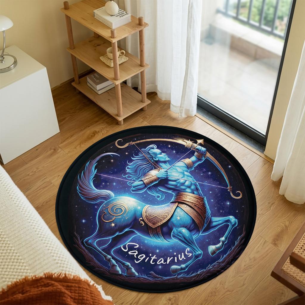 Sagittarius Zodiac Sign Centaur Archer Bow Arrow Constellation Nebula Blue Pattern Holiday Luxury Round Mat Area Rug Home Decor