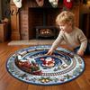 Washable Christmas Decoration Rug Round 3D Rug, Vortex Optical Illusion Area Santa Snowman Staircase Low Profile Fireplace Mat Depth Pattern, Non-slip