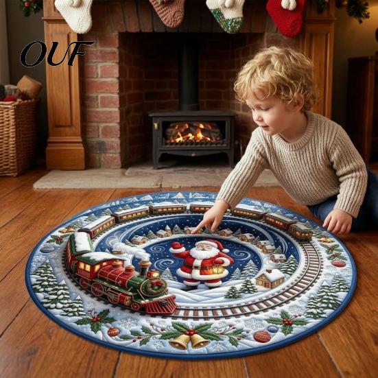 Washable Christmas Decoration Rug Round 3D Rug, Vortex Optical Illusion Area Santa Snowman Staircase Low Profile Fireplace Mat Depth Pattern, Non-slip