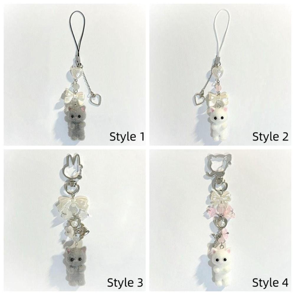 Флокированный Кот Кот Бант Брелок Ремешок для телефона Y2k Бант Брелок Пушистый Котенок Брелок Женщины Девушки