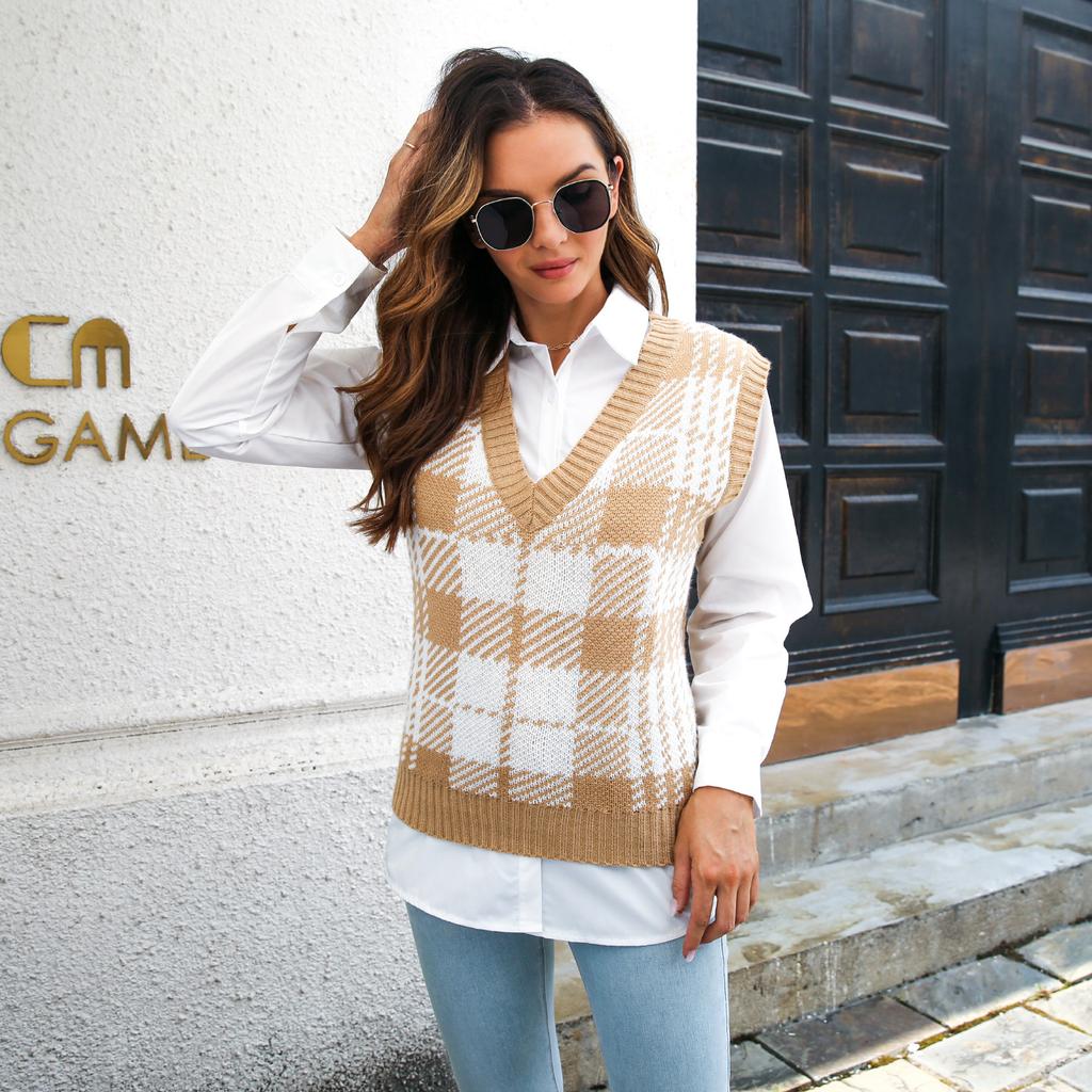 QICED Женская мода, повседневный клетчатый принт, осенне-зимние вязаные жилеты без рукавов с v-образным вырезом