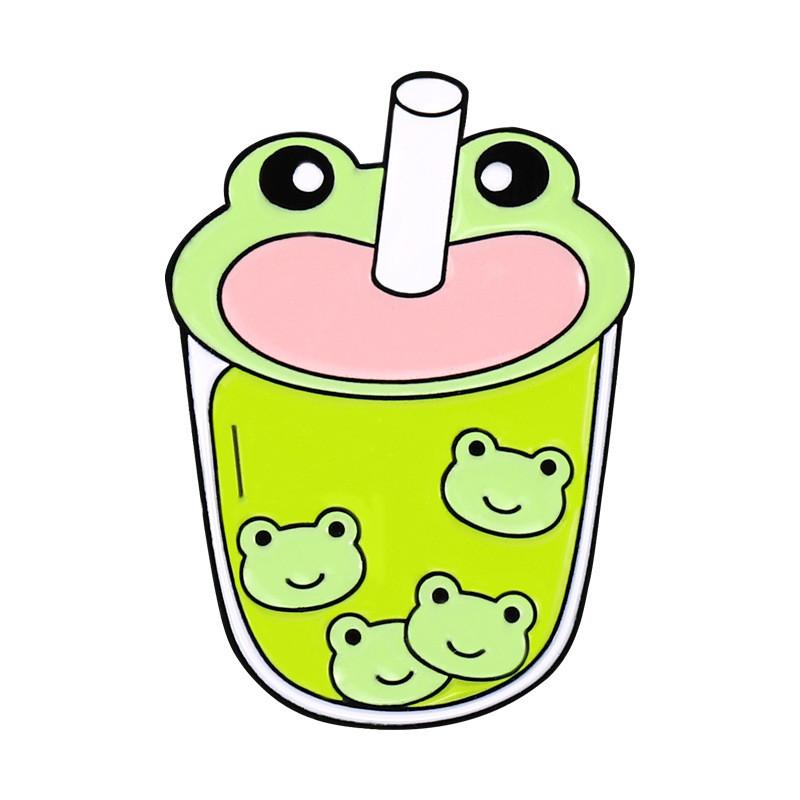 Adorable Cartoon Frog Milk Tea Cute Animal Brooch Alloy Pin For Everyone Stylish Accessory