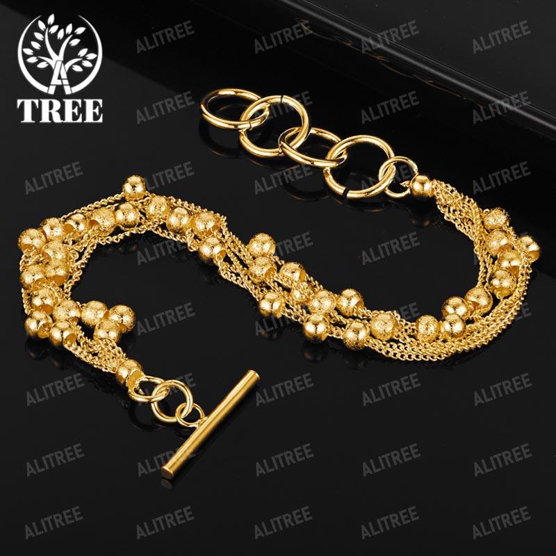 ALITREE 18K Yellow Gold Frosted Beads Chain Bracelet For Woman Fashion Bangles Fine Jewelry Lady Party Engagement Birthday Gifts