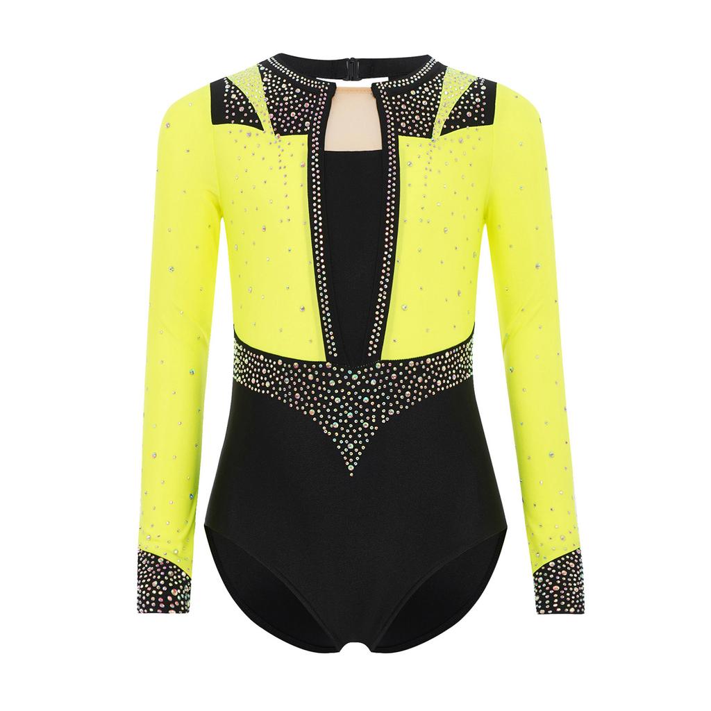 Гимнастический купальник для девочек с длинным рукавом, с вырезом-капелькой на спине, блестящими стразами, одежда для фигурного катания и танцев