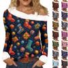 Women's Casual Fashion Sexy Off-Shoulder Collar Christmas Pattern Long Sleeve Crewneck T-Shirt Top
