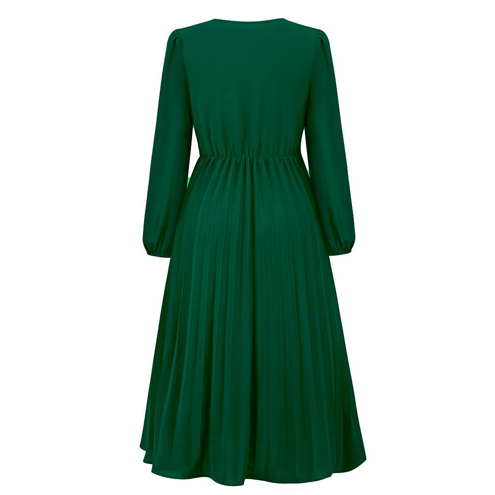 Spring and Autumn Women's Dress Solid Color Long Sleeve Slim Temperament Elegant Pleated Belt V-Neck Dresses