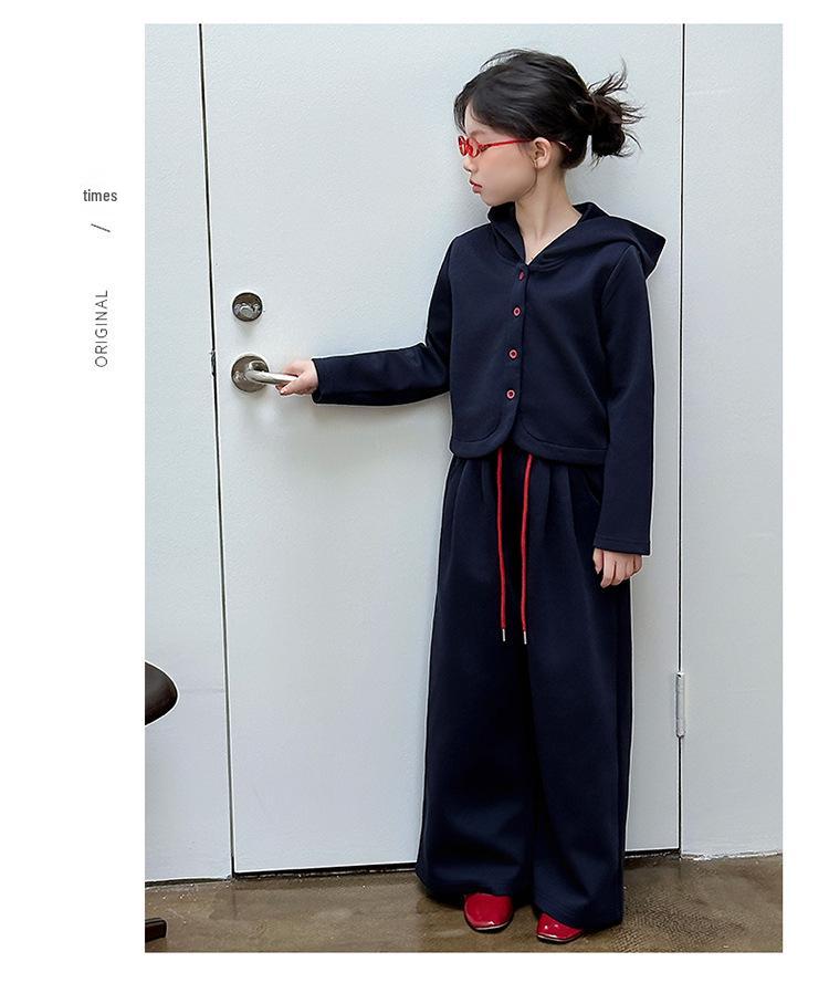Big Girls' Navy Blue Autumn Fashion Set: Hooded Jacket & Casual Two-Piece Outfit (2025 Style)