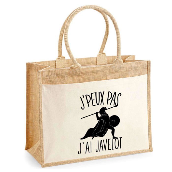 Sac de plage - PLANETEE - Jute avec poche Javelot Époque Antique "J'peux pas" - Coton - Multicolore - 43x33 cm