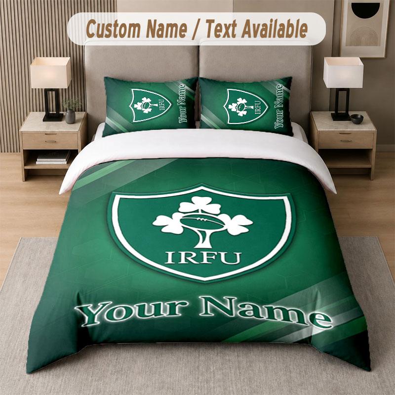 Custom Bedding Set Ireland Rugby Pattern, Print Name Text 1 Duvet Cover plus 2 Pillowcases Home Textile