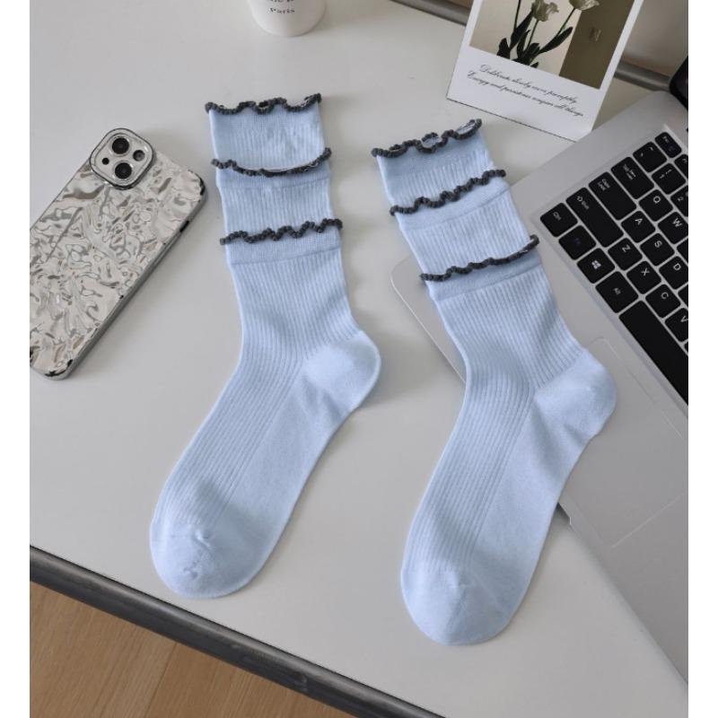 Женские тонкие модные носки с кружевом, однотонные, со швом, с вертикальным рубчиком, бесшовные, до середины икры